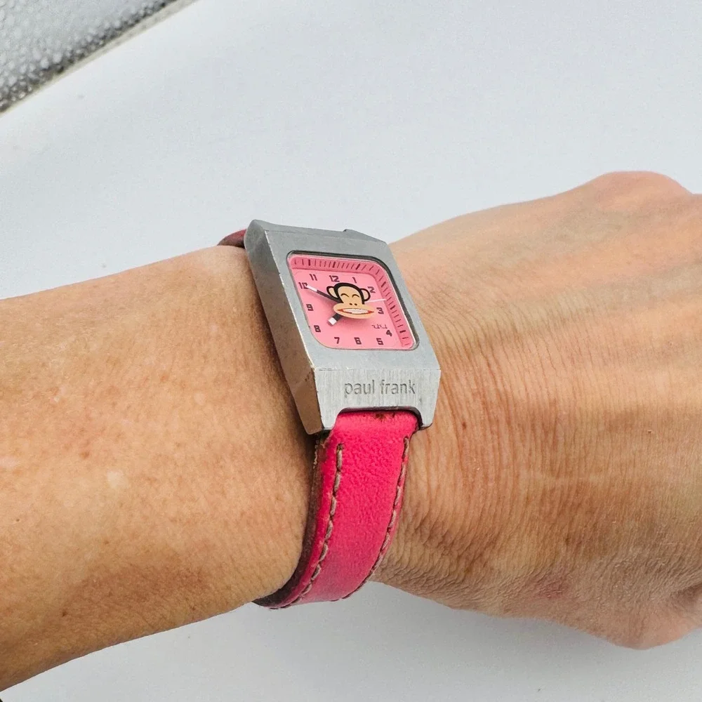 Rare Paul Frank Watch Julius Monkey Face Dial Pink Leather Band Japan Movement